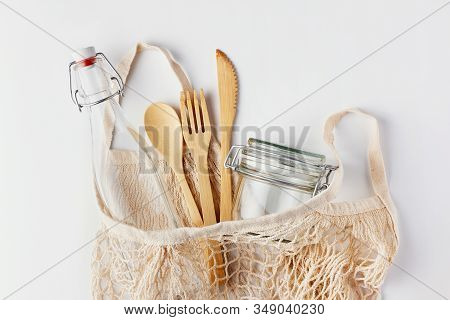 Zero Waste, Plastic-free And Eco-friendly Lifestyle. Cotton Mesh Bag, Glass Bottle, Jar And Bamboo C