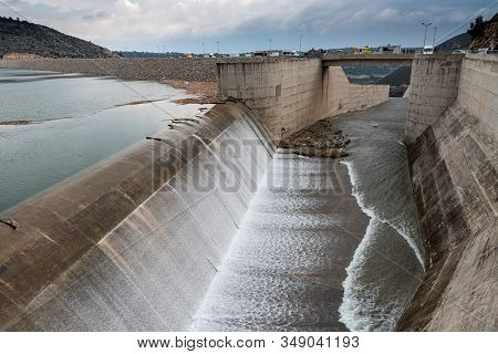 The Overflow Of The Dam Of Kouris Which Is The Largest Dam In Limassol District,  Cyprus.