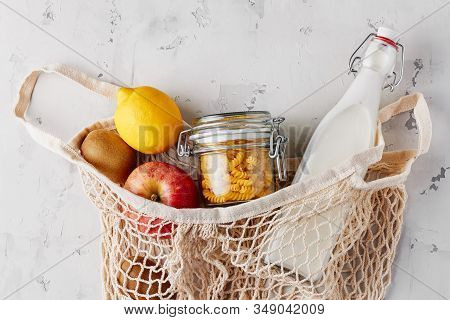 Zero Waste, Plastic-free And Eco-friendly Lifestyle And Shopping. Cotton Mesh Bag, Products In Glass