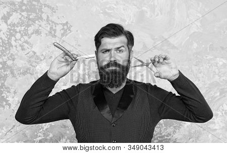 Proper Service. Barber Salon. Man Bearded Hipster With Long Beard And Mustache. Hairstyle Is Kind Of
