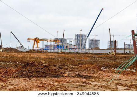 Construction Of A New Microdistrict With High Houses, New Buildings With Developed Infrastructure Wi