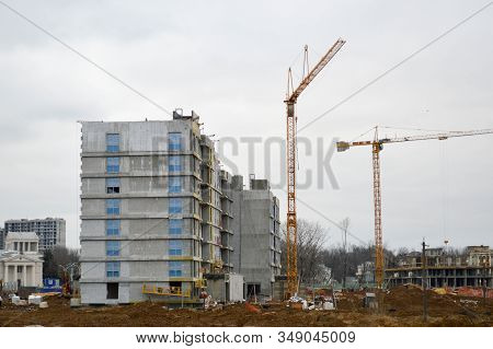 Construction Of A New Microdistrict With High Houses, New Buildings With Developed Infrastructure Wi