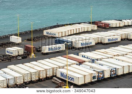 Kahului, Maui,, Hawaii, Usa. - January 13, 2020: Closeup Of Matson Shipping Container Yard Filled Wi