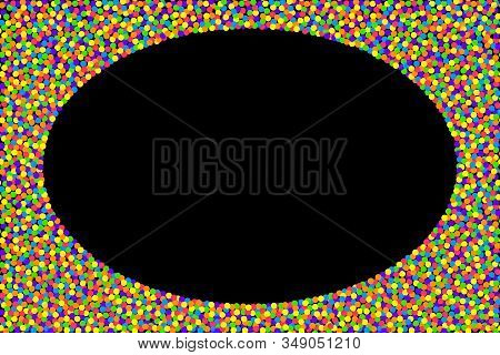Colorful Confetti Frame On Black Background. Small Dots In Bold And Saturated Colors, Randomly Sprea