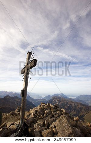 Sumit Cross And Evening Mood On The Top Of A Mountain