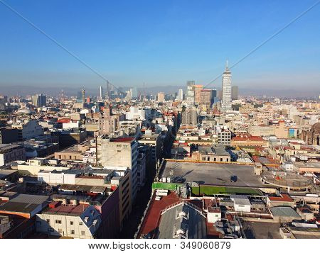 Historic Center Of Mexico City With Cbd Skyline On Avenue Paseo De La Reforma Aerial View At Zocalo,