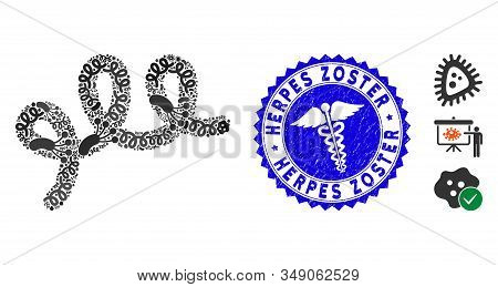 Microbe Collage Spiral Bacillus Icon And Rounded Distressed Stamp Seal With Herpes Zoster Caption An