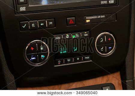 Novosibirsk, Russia - December 29, 2019:   Buick Enclave, Modern Black Car Interior: Climat Control 