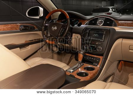 Novosibirsk, Russia - December 29, 2019:   Buick Enclave, Steering Wheel, Shift Lever, Multimedia  S