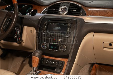 Novosibirsk, Russia - December 29, 2019:   Buick Enclave, Close-up Of The Dashboard, Monitor With Mu