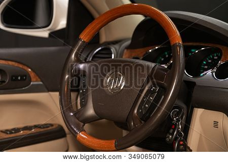 Novosibirsk, Russia - December 29, 2019:   Buick Enclave, Close-up Of The Dashboard, Speedometer, Ta