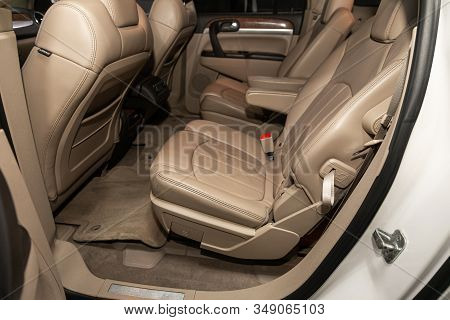 Novosibirsk, Russia - December 29, 2019:   Buick Enclave, Clean Interior Of A New Car. Beige  Rear S
