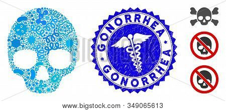 Pathogen Mosaic Skull Icon And Rounded Rubber Stamp Seal With Gonorrhea Phrase And Healthcare Icon. 