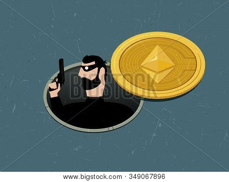 Thief With Gun In Water Drain, Hacker Hacking Ethereum Wallet System Concept