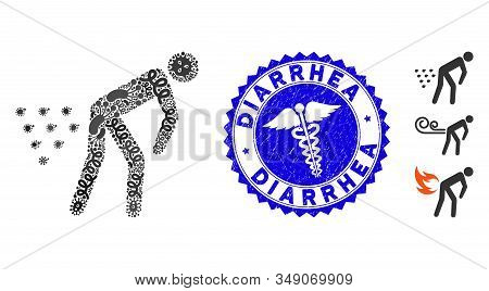 Flu Mosaic Man Diarrhea Icon And Rounded Grunge Stamp Seal With Diarrhea Caption And Healthcare Icon