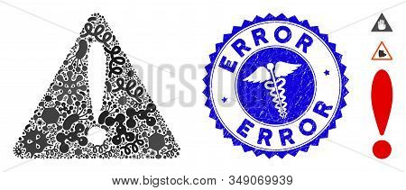 Contagious Mosaic Warning Error Icon And Rounded Corroded Stamp Seal With Error Phrase And Caduceus 