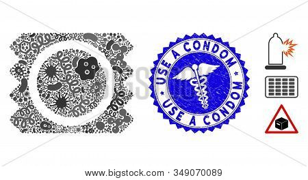 Infected Mosaic Condom Package Icon And Round Rubber Stamp Seal With Use A Condom Caption And Clinic