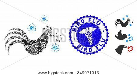 Fever Mosaic Bird Flu Icon And Rounded Distressed Stamp Seal With Bird Flu Caption And Doctor Sign. 