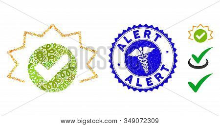 Viral Mosaic True Alert Icon And Round Corroded Stamp Seal With Alert Phrase And Medical Icon. Mosai