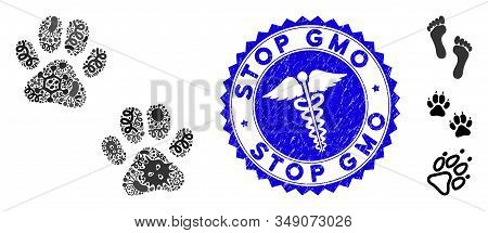Infected Mosaic Paw Footprints Icon And Round Corroded Stamp Seal With Stop Gmo Caption And Medical 
