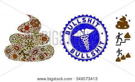 Infectious Mosaic Crap Icon And Rounded Rubber Stamp Seal With Bullshit Phrase And Clinic Icon. Mosa