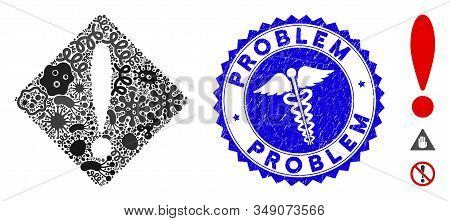 Infectious Collage Problem Icon And Round Corroded Stamp Seal With Problem Caption And Clinic Sign. 
