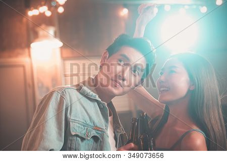 Couples Dancing, Young Asian People Sweetheart Philander Dancing And Drinking In Evening Party Insid