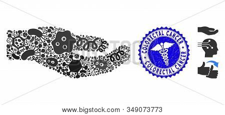 Biohazard Mosaic Share Hand Icon And Rounded Corroded Stamp Seal With Colorectal Cancer Text And Ser