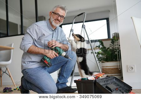 Man at home doing do-it-yourself work with puppy around