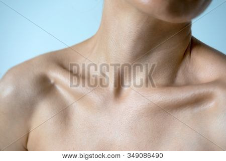 Naked Neck Shoulders And Collarbones Of A Beautiful Woman 35 Years Old.   Beauty Of The Female Body.