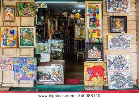 Bangkok, Thailand - January 11th 2020: Paintings Outside An Artists Shop On Khlong Bang Luang Floati