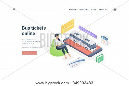Woman Booking Bus Tickets Online. Isometric Vector Illustration