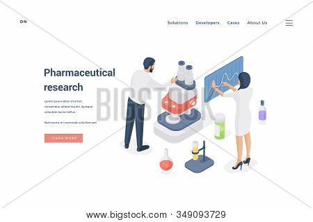 Scientists Performing Pharmaceutical Research Together. Isometric Vector Illustration