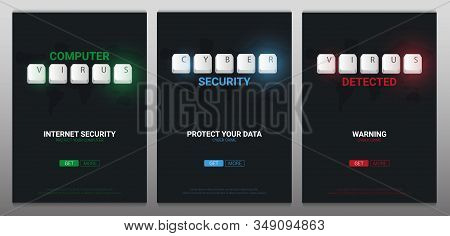 Cyber Security, Computer Virus Banners With Keyboard Buttons. Vector Illustration.