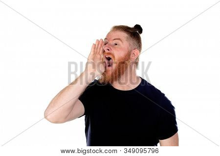 Red haired man with long beard shouting isolated on a white background