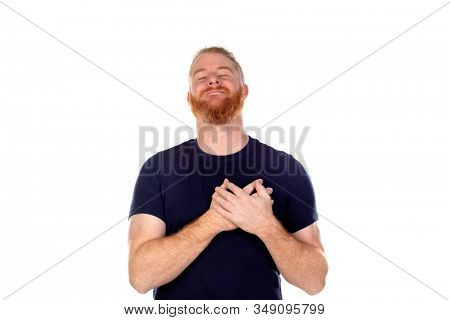 Red haired man with long beard in love isolated on a white background