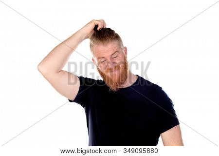 Red haired man with long beard thinking isolated on a white background