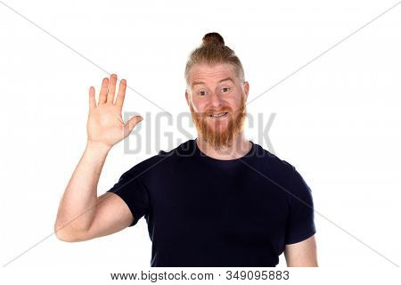 Red haired man with long beard raising his right hand isolated on a white background