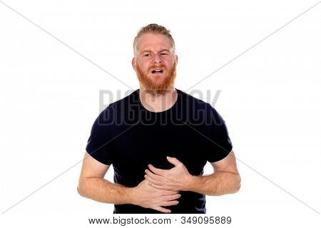 Red haired man with long beard with stomachache isolated on a white background