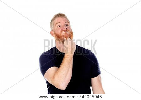 Red haired man with long beard thinking isolated on a white background