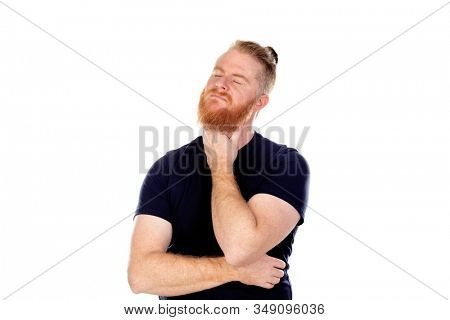 Red haired man with long beard thinking isolated on a white background
