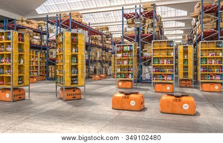 interior of a factory with drones used to transport goods to facilitate and speed up the company's logistics. 3d render image, concept of modernity and technology.