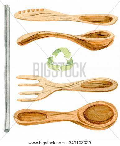 A Set Of Wooden Cutlery Objects. Eco-friendly, Zero Waste, Eco, Bio, Metal Straw, Reusable, Design I