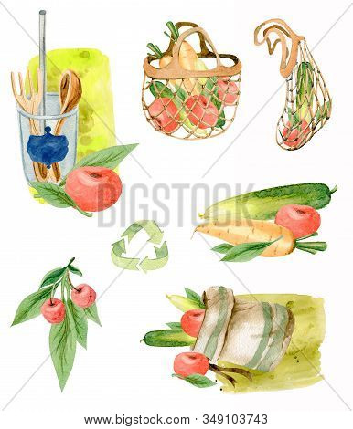 Sets Of Scenes With Vegetables For Design. Watercolor Illustration On A White Background Isolated Ob