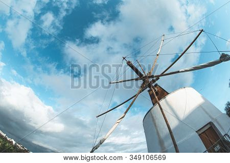 Windmill (moinho) In Albufeira Portugal, Taken With A Fish Eye Lens On A Sunny Day