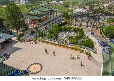 Nantou, Taiwan - September 15th, 2019: aerial view of famous landmark of BaoHu Dimu Temple at Puli, Nantou, Taiwan, Asia