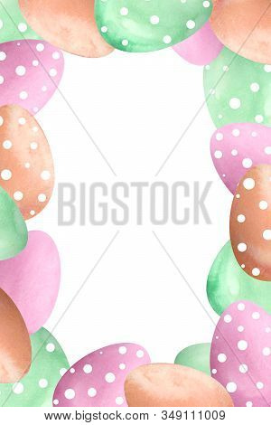 Page Frame With Copyspace Of Watercolor Hand Drawn Happy Easter Eggs Green Brown Chocolate Orange Pi