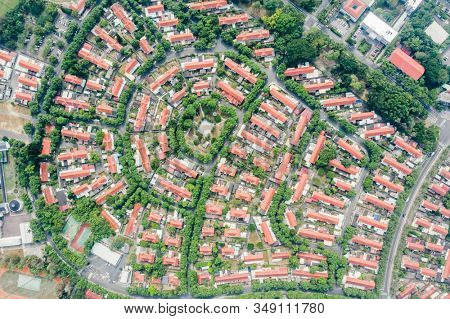 Caotun, Taiwan - October 31th, 2019: aerial view of street scenery with old house and trees at Zhongxing New Village, Nantou, Taiwan