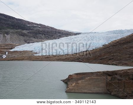 Austerdalsvatnet Lake Landscapes And Famous European Svartisen Glacier In Nordland County In Norway,