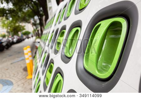 Taipei, Taiwan - June 7th, 2019: charging station for battery packs of Taiwan-based Gogoro electronic motocycle at street in Taipei, Taiwan, Asia